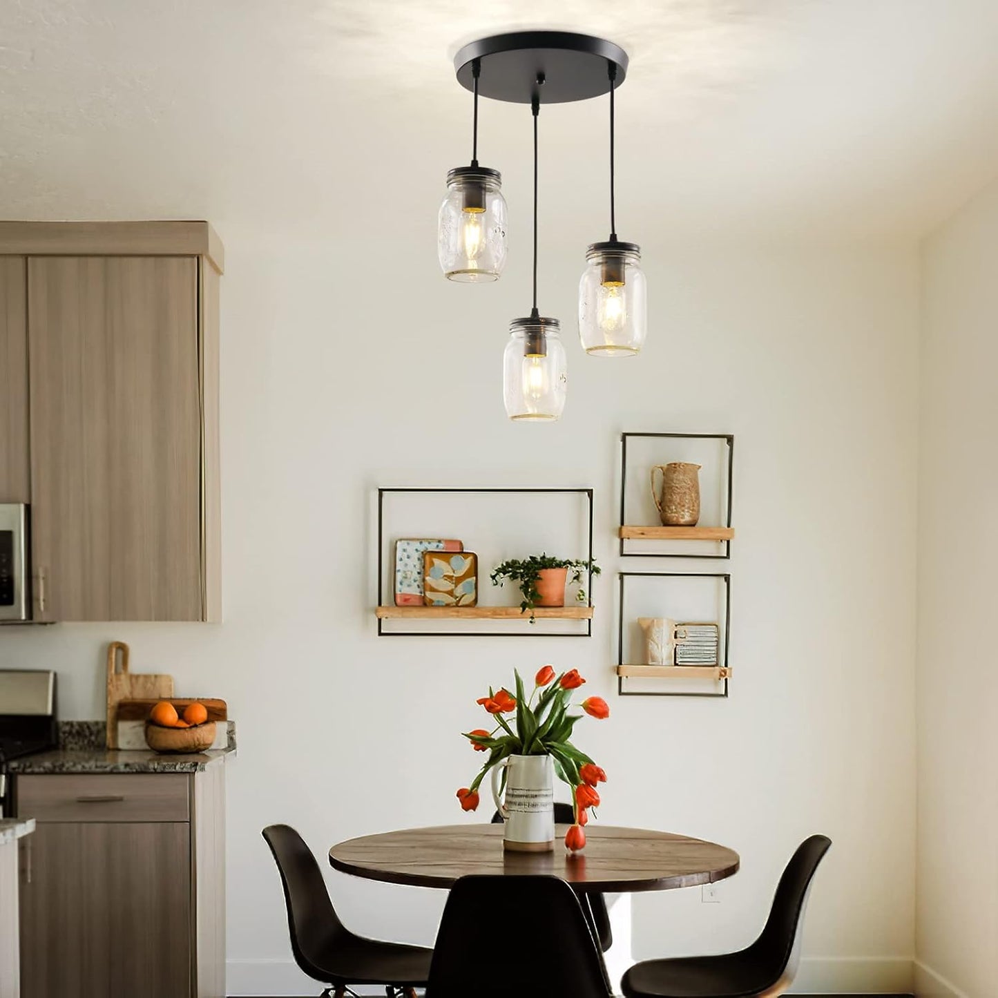 Mason Jar Light Fixtures, 3 Lights Farmhouse Mason Jar Pendant Light, Glass Jar Chandelier Country Adjustable Hanging Ceiling Lighting for Kitchen Dining Room Hallway