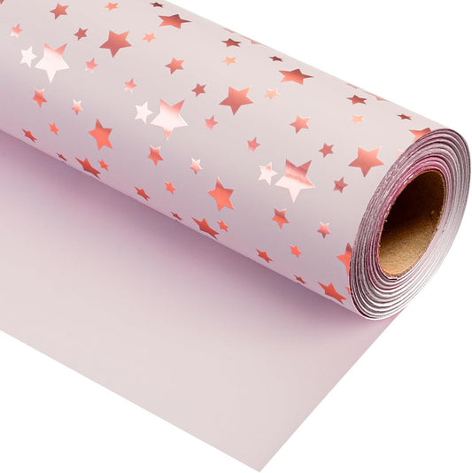Burymento Gold Foil Five-Pointed Star Wrapping Paper, Reversible Pink Gift Wrap for Birthday, Valentines, Mothers day, Graduation, Wedding, Fathers day, Baby Shower, Christmas (17in x 32.8ft)