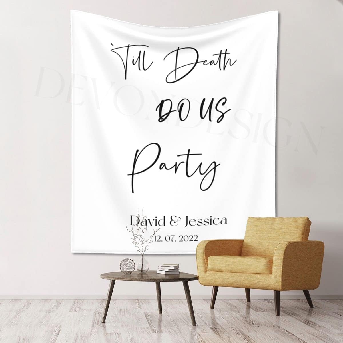 Till Death Do Us Party Backdrop - Custom Tapestry with Names and Date, Rustic Sign, Personalized Calligraphy Banner for Ceremony, Reception Backdrop, Wedding Arch