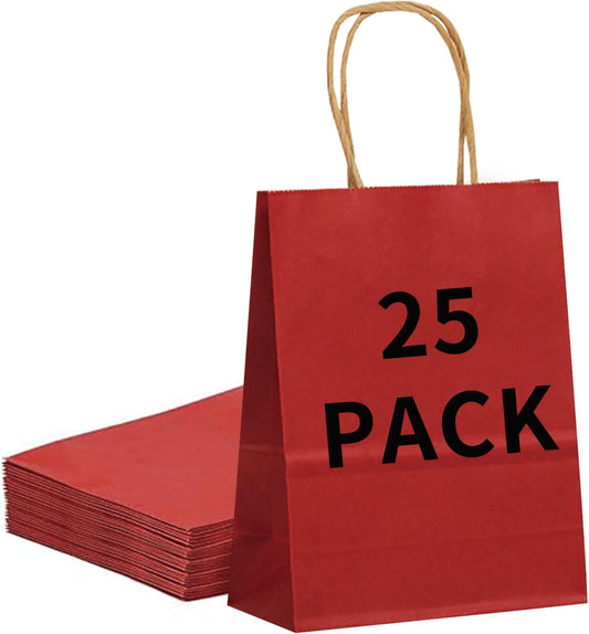 25 Pack Small 5.9x3.1x8.25 Inch Red Kraft Paper Gift Bags with Handles for Bulk Shopping, Retail, Craft, Party Favors, Wedding, Grocery & Sacks