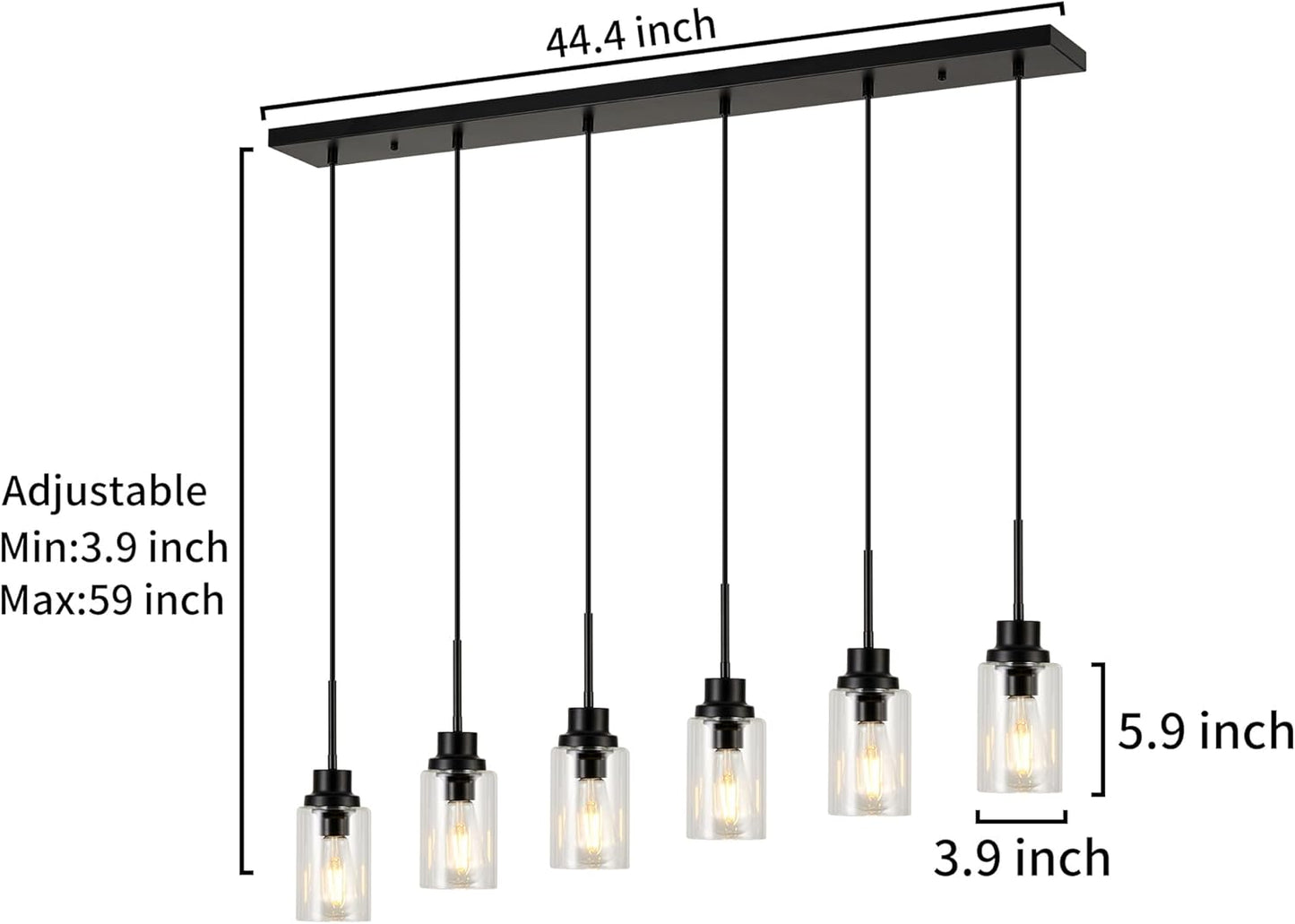 6 Lights Island Lights for Kitchen Modern Industrial Black Linear Chandeliers with Clear Glass Shade for Dining Room Kitchen Long Finish Ceiling Lighting Fixtures