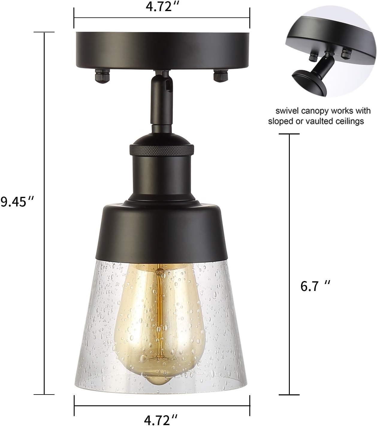 Fivess Lighting Industrial Glass Semi Flush Mount Ceiling Light, Black, 9.45x4.72x4.72 inches, Seeded Shade, for Kitchen, Hallway, Bedroom etc.