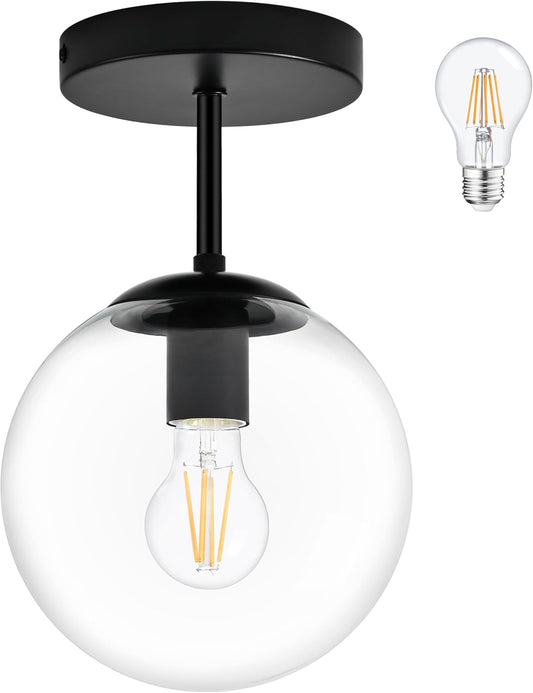 Globe Semi Flush Mount Ceiling Light, Clear Glass with Matte Black Finish, Mid Century Modern Light Fixture Ceiling, Hallway Living Room Kitchen Bedroom Storage Schoolhouse Laundry(LED Bulb Incl.)