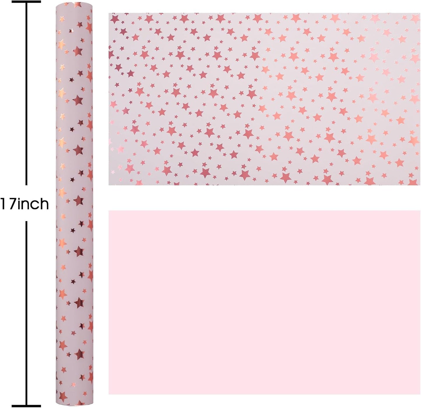 Burymento Gold Foil Five-Pointed Star Wrapping Paper, Reversible Pink Gift Wrap for Birthday, Valentines, Mothers day, Graduation, Wedding, Fathers day, Baby Shower, Christmas (17in x 32.8ft)