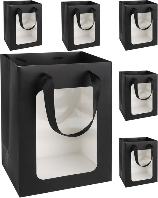 MOXARYSU 6 Pcs Black Gift Bags with Clear Window: 9.8x5.1x7.1 Inch Medium Kraft Paper Bags with Handle For Party Business Birthday Wedding (Black, 6p)