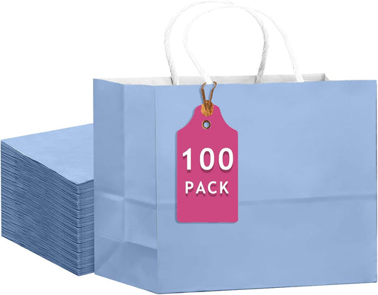 qiqee 100PCS Large Gift Bag with Handles Bulk 13"x4.5"x10" Gift Bags Light Blue Multiple Uses (32x11x25cm,Wide Large)