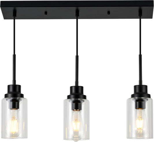 3-Lights Pendant Light Fixtures, Modern Black Kitchen Island Lighting with Clear Glass Shade, Adjustable Hanging Ceiling Lamp