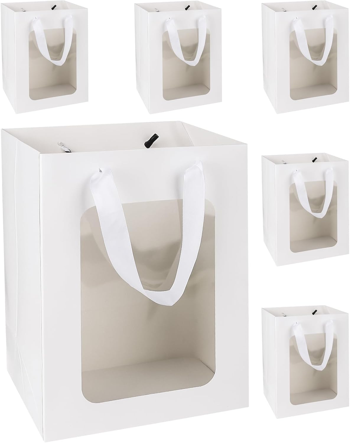 MOXARYSU 6 Pcs White Gift Bags with Clear Window: 9.8x5.1x7.1 Inch Medium Kraft Paper Bags with Handle For Party Business Birthday Wedding (White,6p)