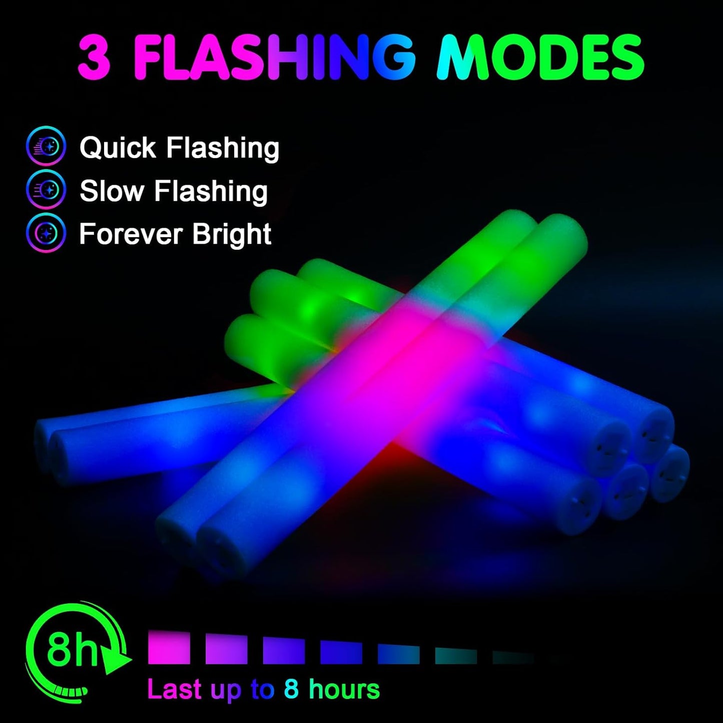 225 Foam Glow Sticks, Foam Light Up Sticks Party Supplies with 3 Mode Colorful Flashing, Glow Sticks Bulk Party Pack, Led Foam Sticks for Birthday, Wedding, Halloween, Carnival, Concert