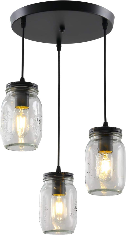 Mason Jar Light Fixtures, 3 Lights Farmhouse Mason Jar Pendant Light, Glass Jar Chandelier Country Adjustable Hanging Ceiling Lighting for Kitchen Dining Room Hallway