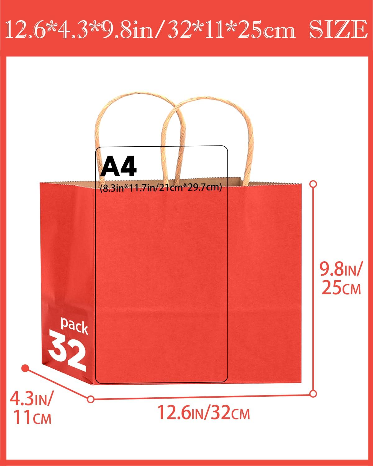 qiqee 100PCS Large Gift Bag with Handles Bulk 13"x4.5"x10" Gift Bags Kraft Red Multiple Uses (32x11x25cm,Wide Large)
