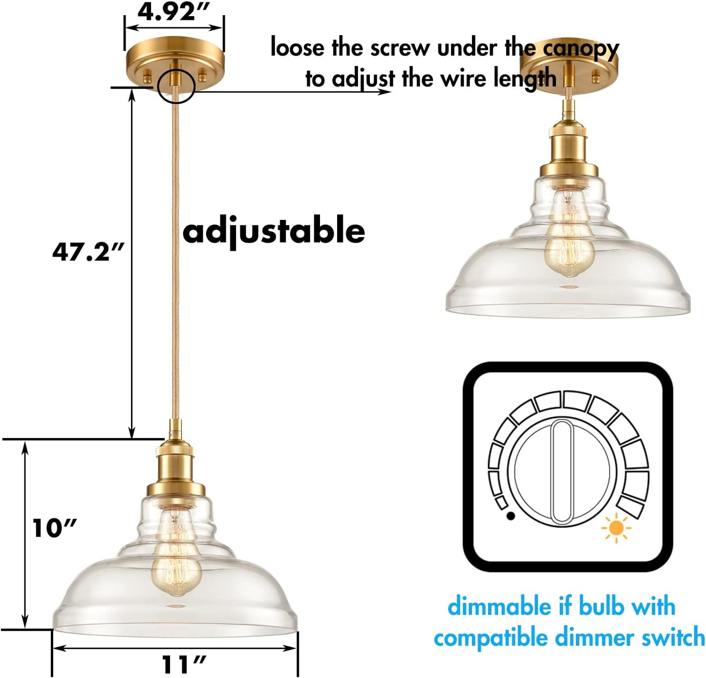CLAXY Modern Gold Pendant Light Classic Glass Dome Kitchen Hanging Light Fixture-3 Pack