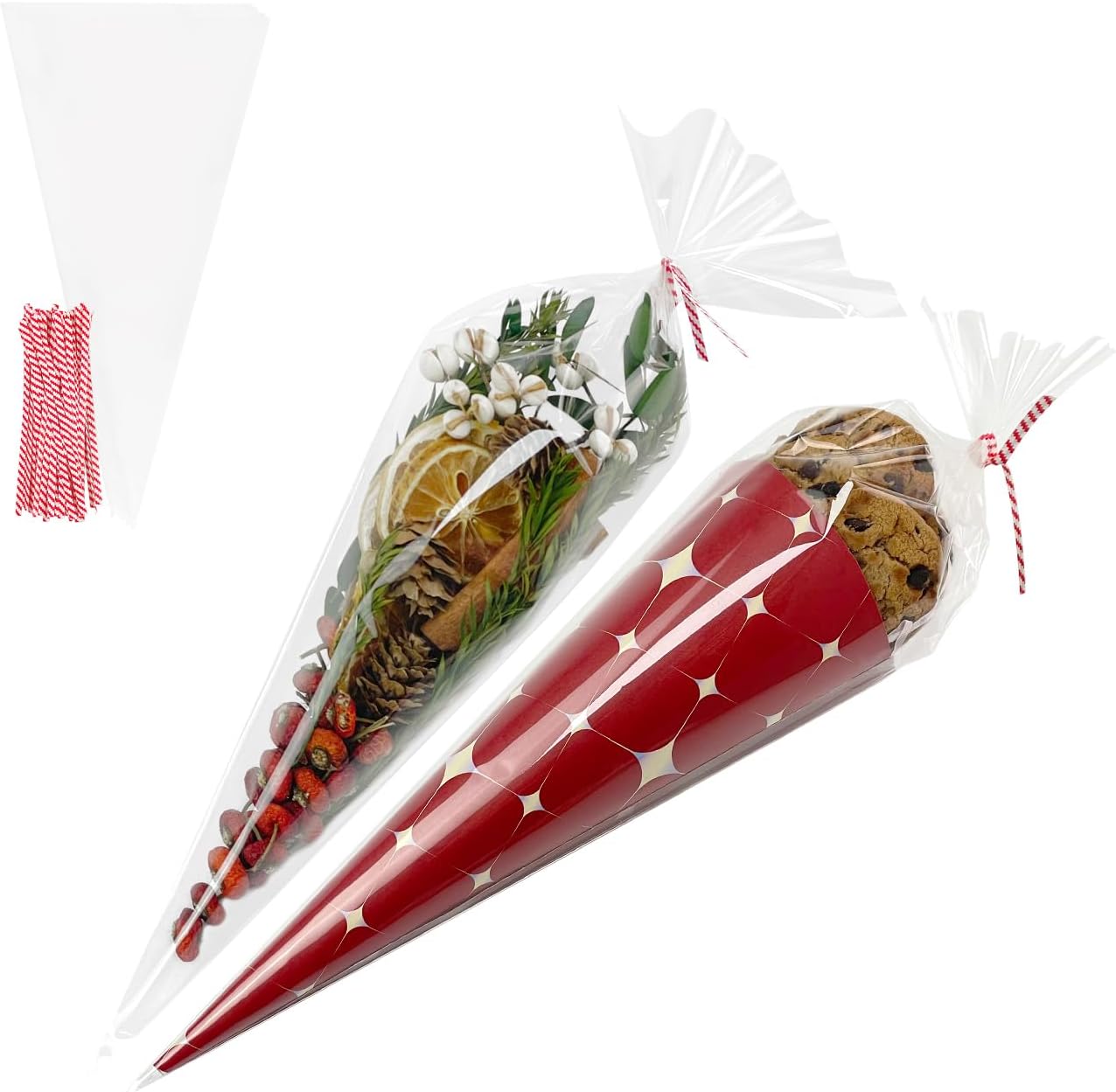 EKAPACKAGING 100Pcs 7x15 Inches Clear Cone Shaped Treat Cellophane Bags Twist Tie Triangle Christmas Party Favor Cotton Candy Bags With Ties For Popcorn, Chocolates, Ice Cream Cone