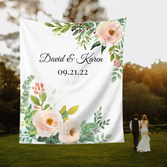 Wedding Backdrop for Reception, Custom Tapestry with Names & Date, Personalized Calligraphy Banner Ceremony, Flowers and Leaves Deisgn, Arch Decor One Size