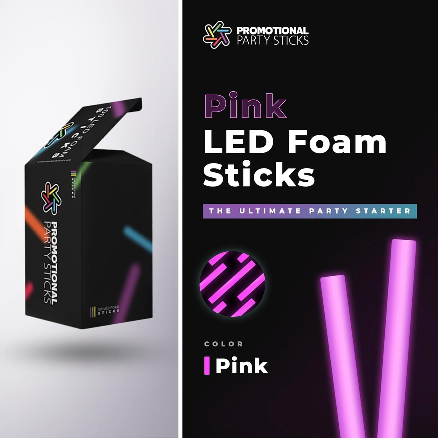 100 Pink Foam Glow Sticks - 16" LED Foam Sticks for Wedding, Parties & Dancing