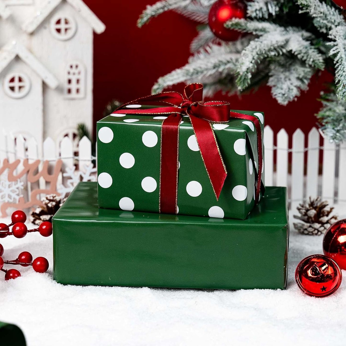 Burymento Green and White Dots Wrapping Paper, Reversible Pink Gift Wrap for Birthday, Valentines, Mothers day, Graduation, Wedding, Fathers day, Baby Shower, Christmas (17in x 32.8ft)