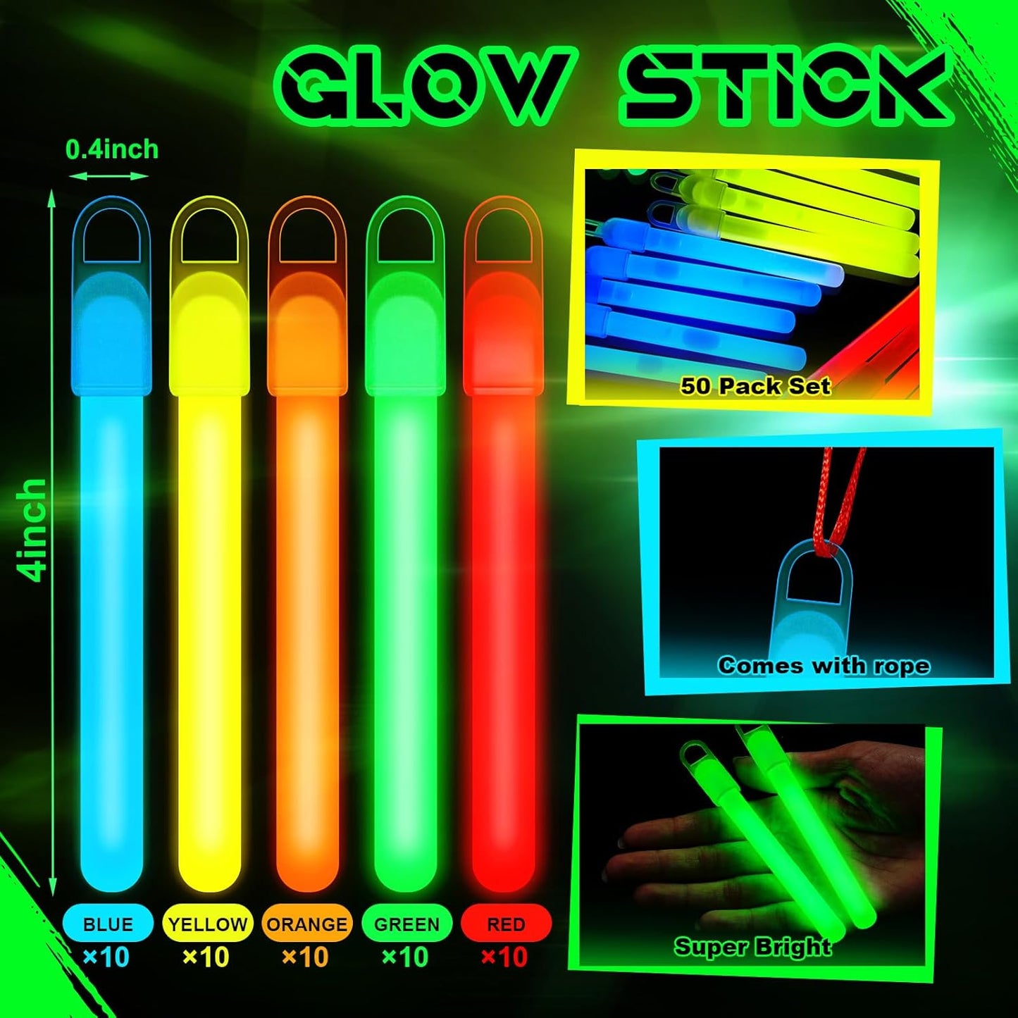Lewtemi 50 Set 4'' Glow Sticks Bulk, Hallowee Glow in The Dark Party Supplies, Emergency Light Sticks with Lanyard, for Birthday, Light up, Neon, Halloween Theme Party Favors
