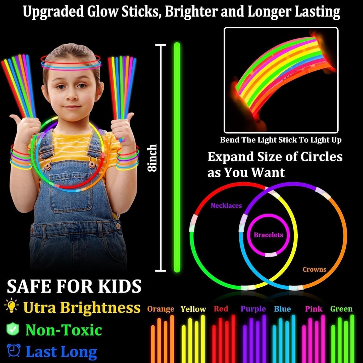 TURNMEON 500 Pack Ultra Bright Halloween Glow Sticks Bulk Party Pack Halloween Glow In The Dark Halloween Party Supplies Favors Glow Sticks Necklaces Bracelets with Connectors 8" Glow stick Light Up