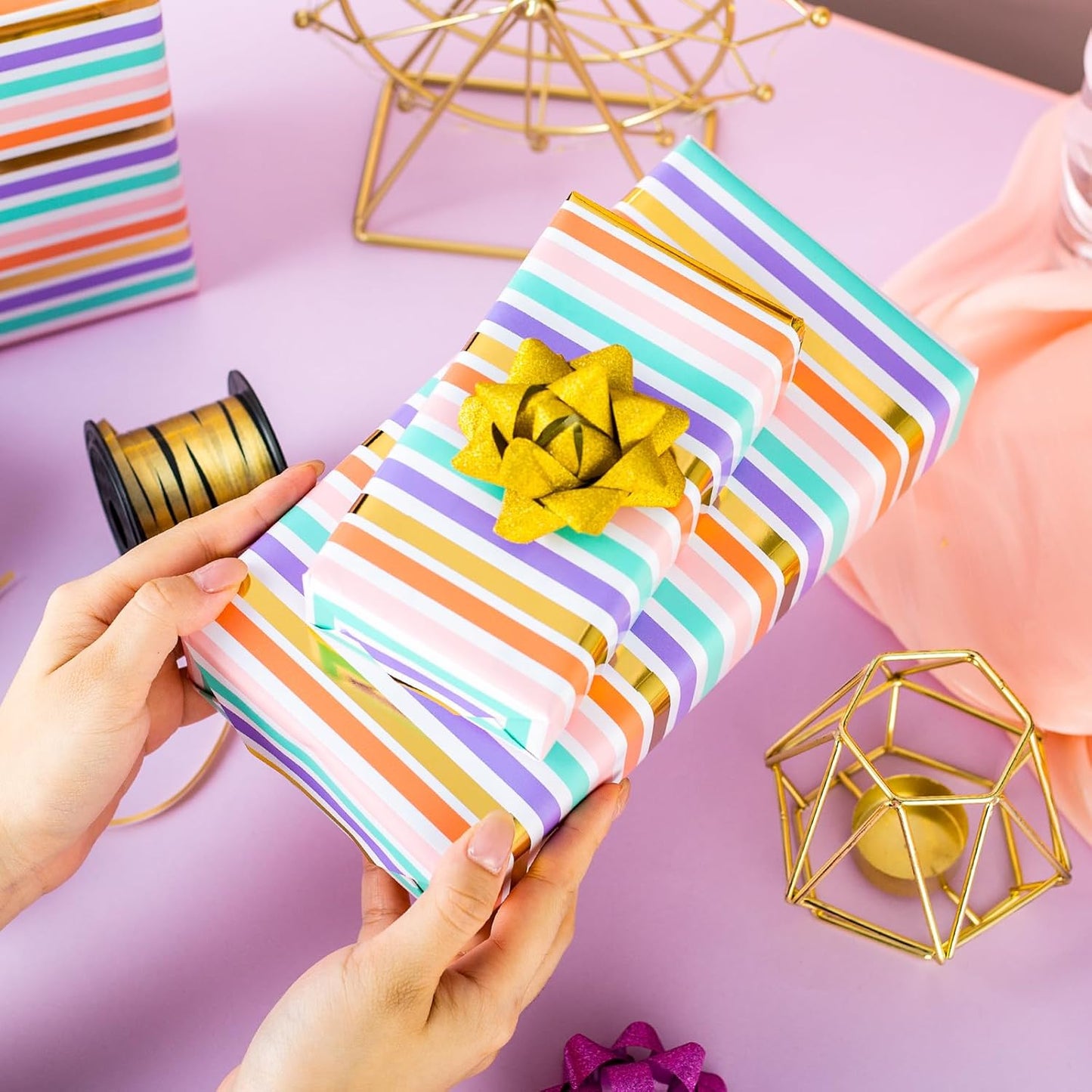 Yarcony Gift Wrapping Paper Roll, Rainbow Wrapping Paper, Colorful Stripes Gift Wrap with Gold Foil for Birthday, Baby Shower, Wedding, Christmas, All Occasions (Mini Roll, 17 Inch X 33 Feet)