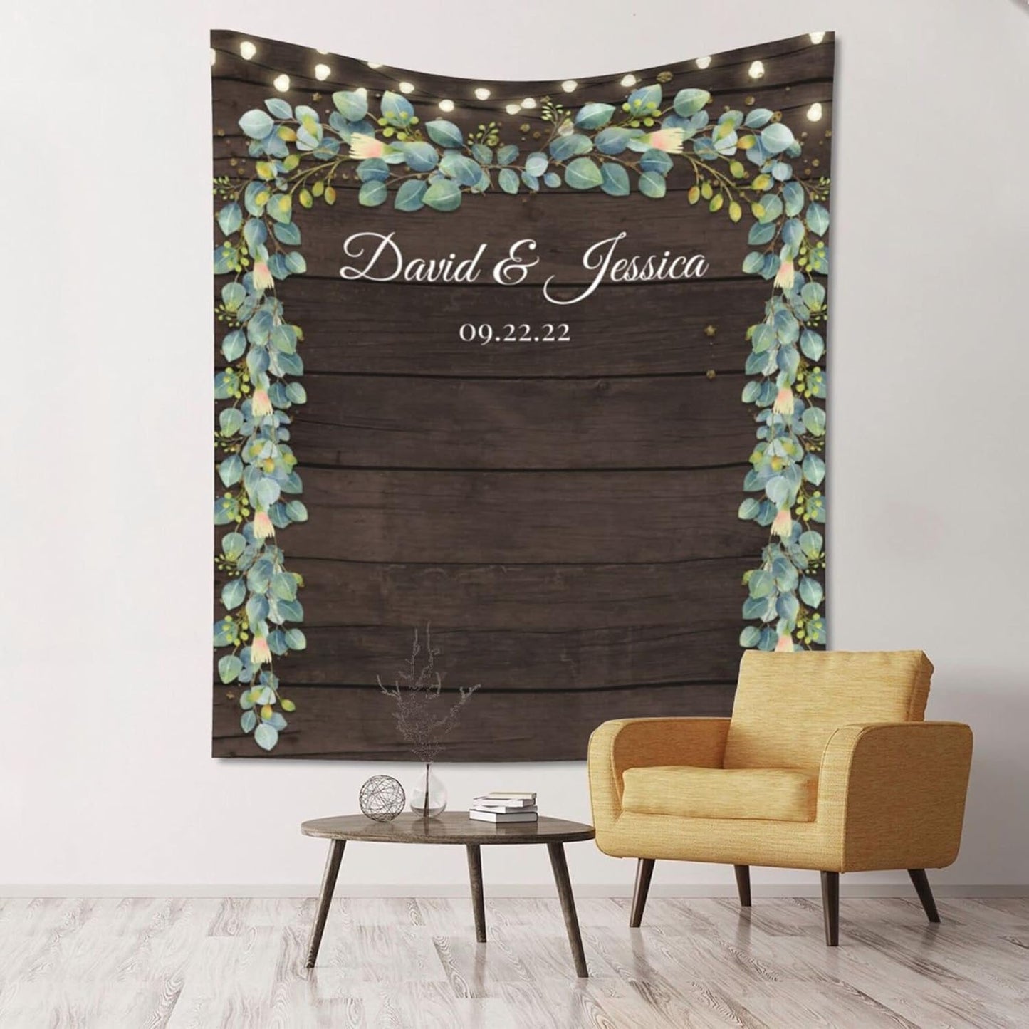 Wedding Backdrop for Reception, Rustic Wood Green Leaf Banner, Custom Tapestry with Names & Date, Personalized Calligraphy Banner Ceremony, Botanical Lights One Size