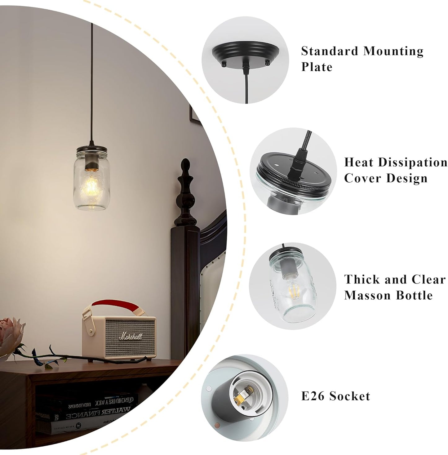 Glass Pendant Lights Kitchen Island, 1-Light Black Pendant Light Fixtures with Mason Jar Clear Glass Shade, Farmhouse Hanging Light for Kitchen Sink Dining Room Bedroom Hallway