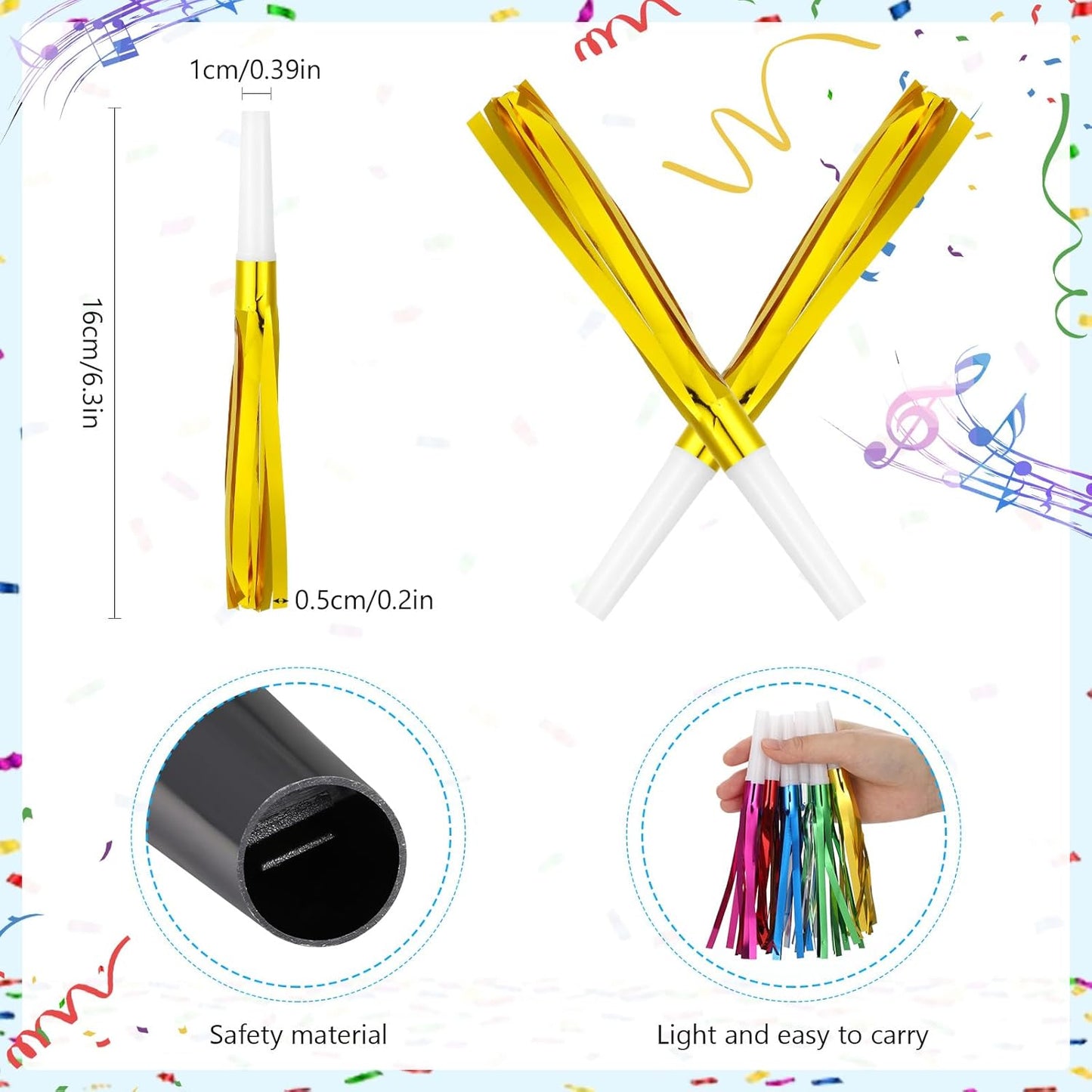 Metallic Fringed Noise Makers, for Noise Makers Party Favors, New Year Party, Baby Shower, Kids Birthday, 48 Pcs, Gold, Silver, Black