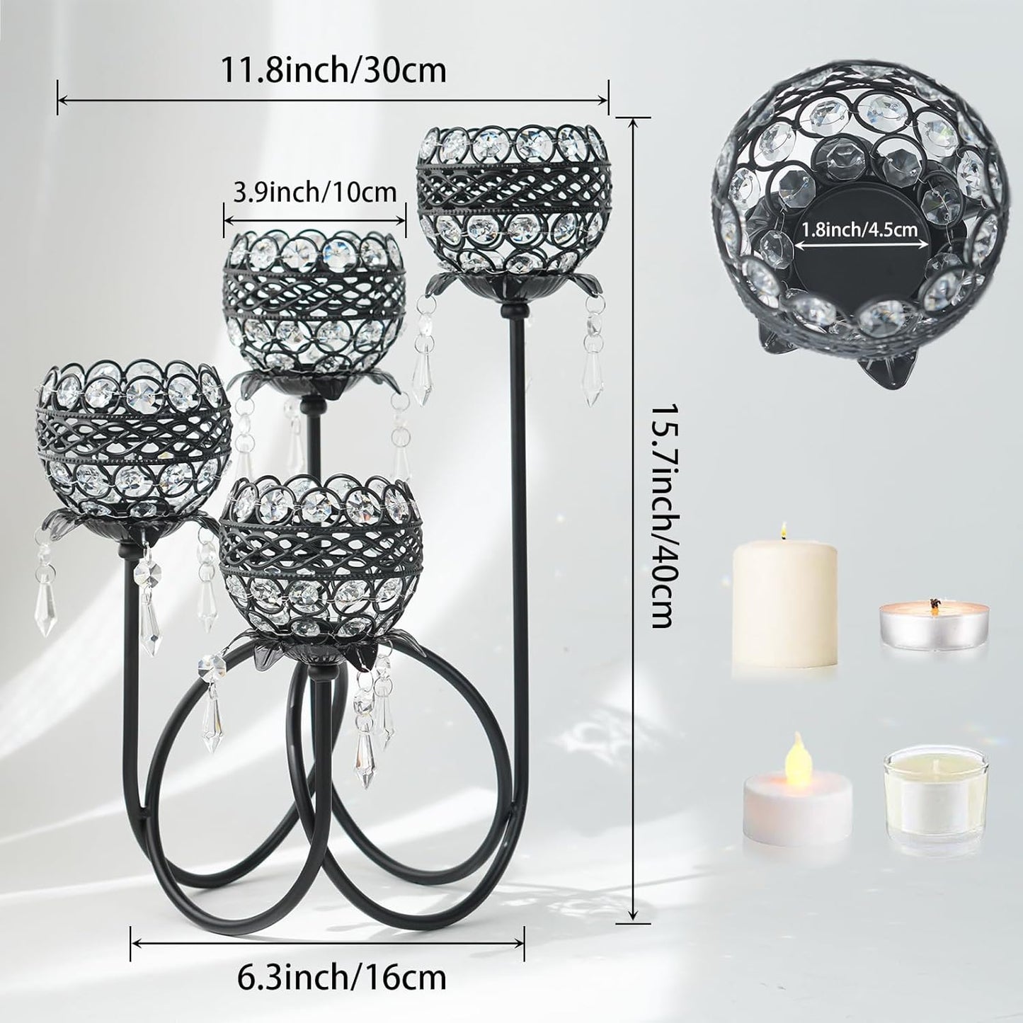 4 Arms Crystal Candelabra Tealight Holder - Tall 15.7 Inch Elegant Centerpiece with Crystal Pendant Bowls & Artistic Metal Stand for Wedding, Dining Table, Home Decor (2, Black)