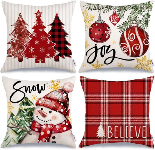 GEEORY Winter Christmas Throw Pillow Covers 20 x 20 Inch Set of 4, Xmas Trees Snowflake Snowman Joy Holiday Farmhouse Decorative Cushion Cases for Home Decoration G583-20
