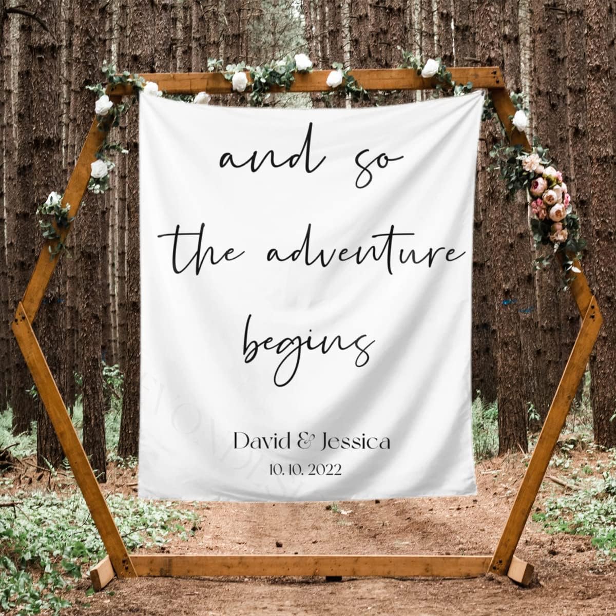And So The Adventure Begins Custom Tapestry with Names and Date, Rustic Wedding Sign, Personalized Calligraphy Wedding Banner for Ceremony and Reception