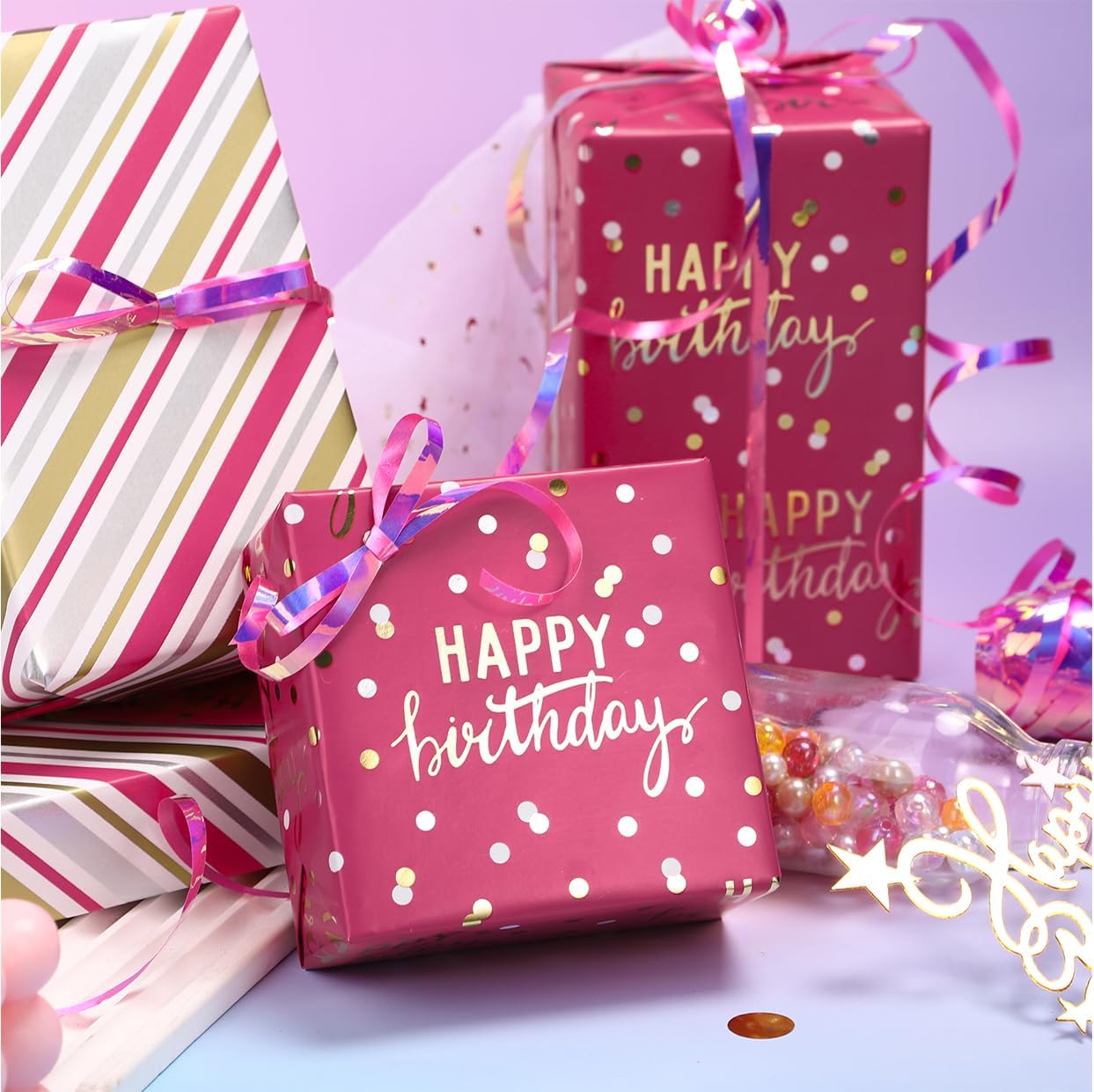 LeZakaa Reversible Pink Birthday Wrapping Paper Roll for Girls Women, Happy Birthday Lettering & Stripe Pattern with Metallic Foil in Rose Pink, Mini Roll, 17 inches x 32.8 Feet (46.45 sq.ft.)