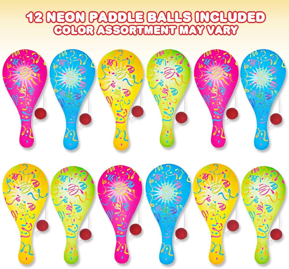 ArtCreativity Neon Paddle Balls, Pack of 12, 9.25 Inch Plastic Paddleball with String, Assorted Bright Colors, Great Party Favors, Goodie Bag Fillers, Fun Activity Toys for Kids