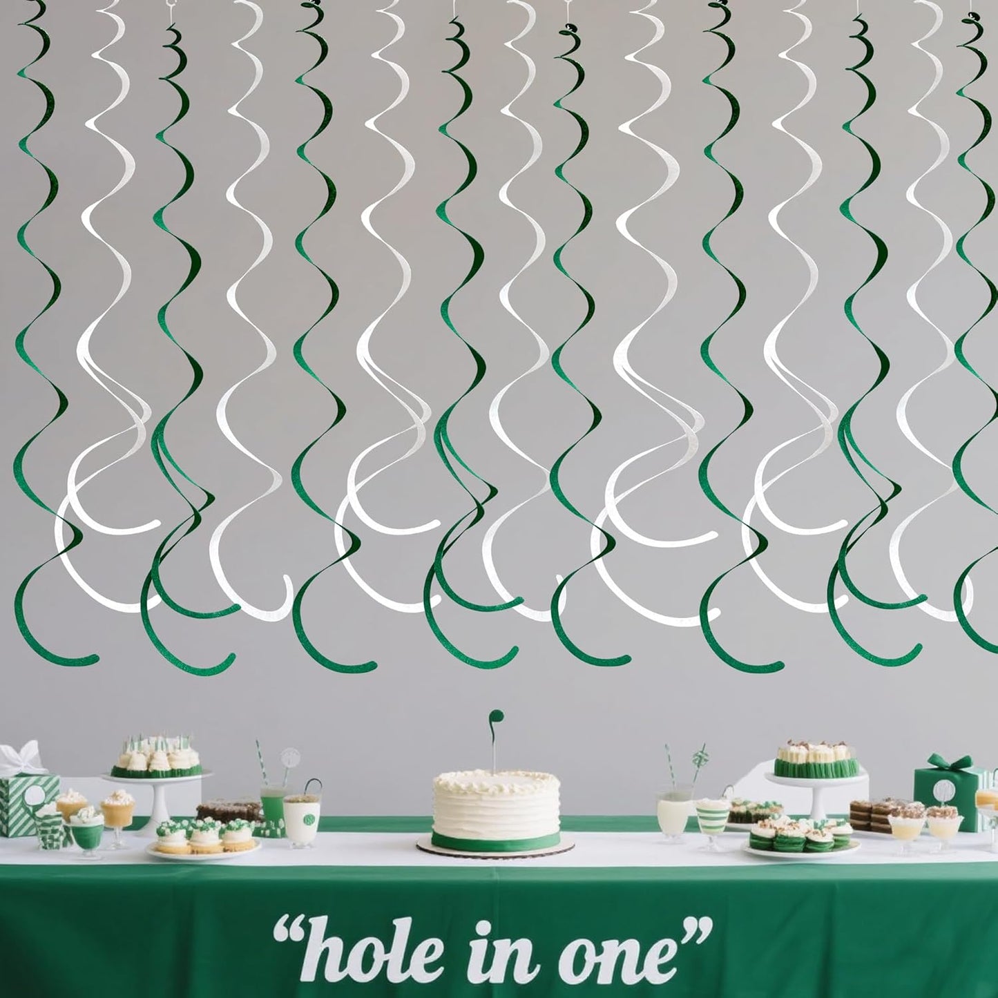36 Pcs Green White Hanging Swirl Decorations Felt Swirl Streamer Spiral Ceiling Garland for Birthday Graduation Wedding Retirement Baby Shower Spring Summer Christmas Masters Golf Party Decor Supplies