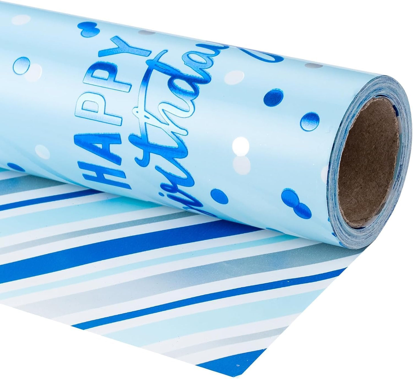 LeZakaa Reversible Blue Birthday Wrapping Paper Roll for Boys Men, Happy Birthday Lettering & Stripe Pattern with Metallic Foil in Blue, 30in x 32.8Ft