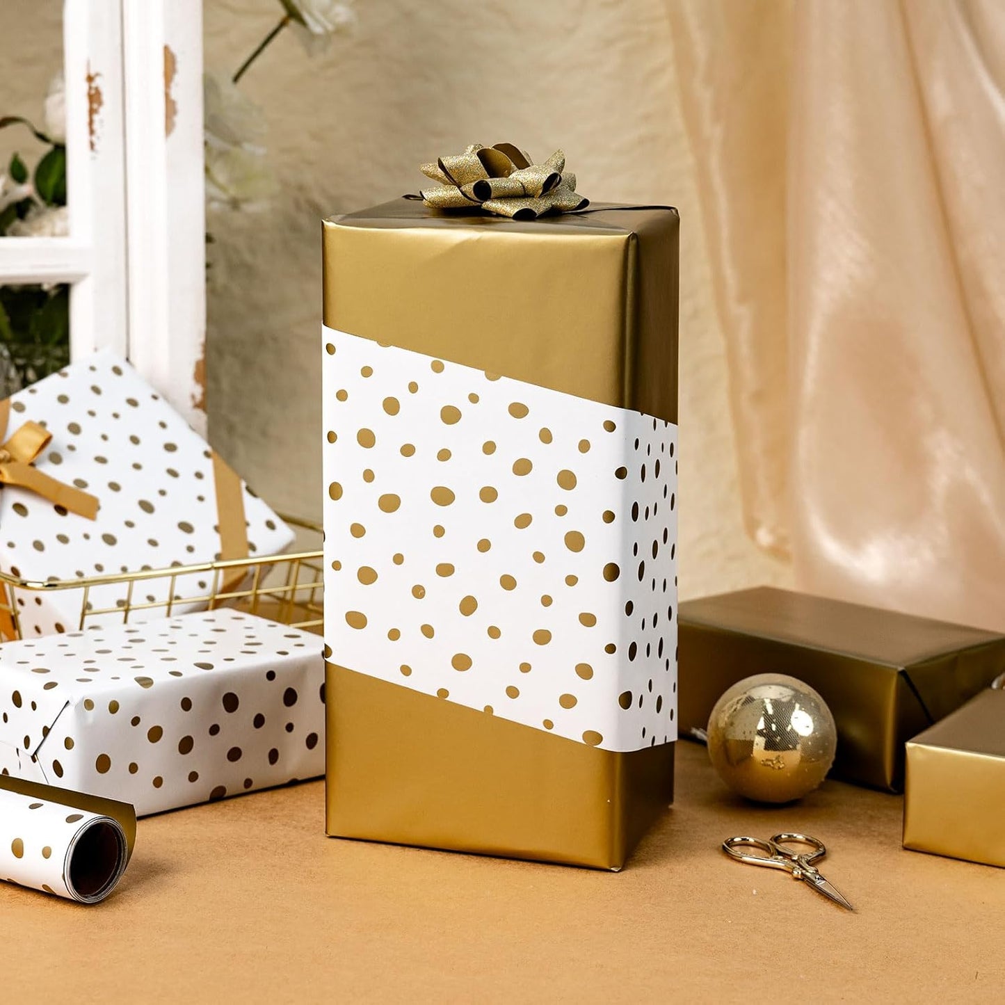 Burymento Golden Lrregular Wave Point Wrapping Paper, Reversible Gold Gift Wrap for Birthday, Valentines, Mothers day, Graduation, Wedding, Fathers day, Baby Shower, Christmas (17in x 16.4ft)