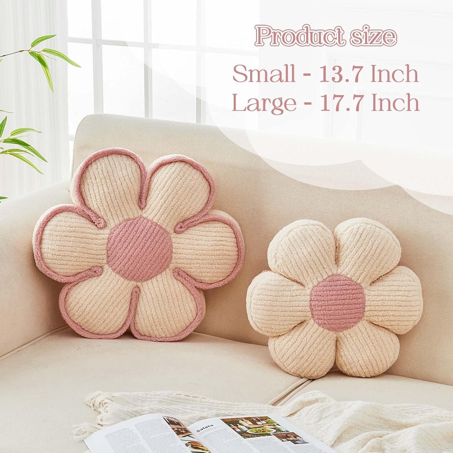 Flower Pillow, Soft Flower Decorative Throw Pillow, Cute Daisy Flower Shaped Seating Floor Cushion Room Décor Plush Pillows for Sofa Couch Bed (13.7 Inch, Ivory)