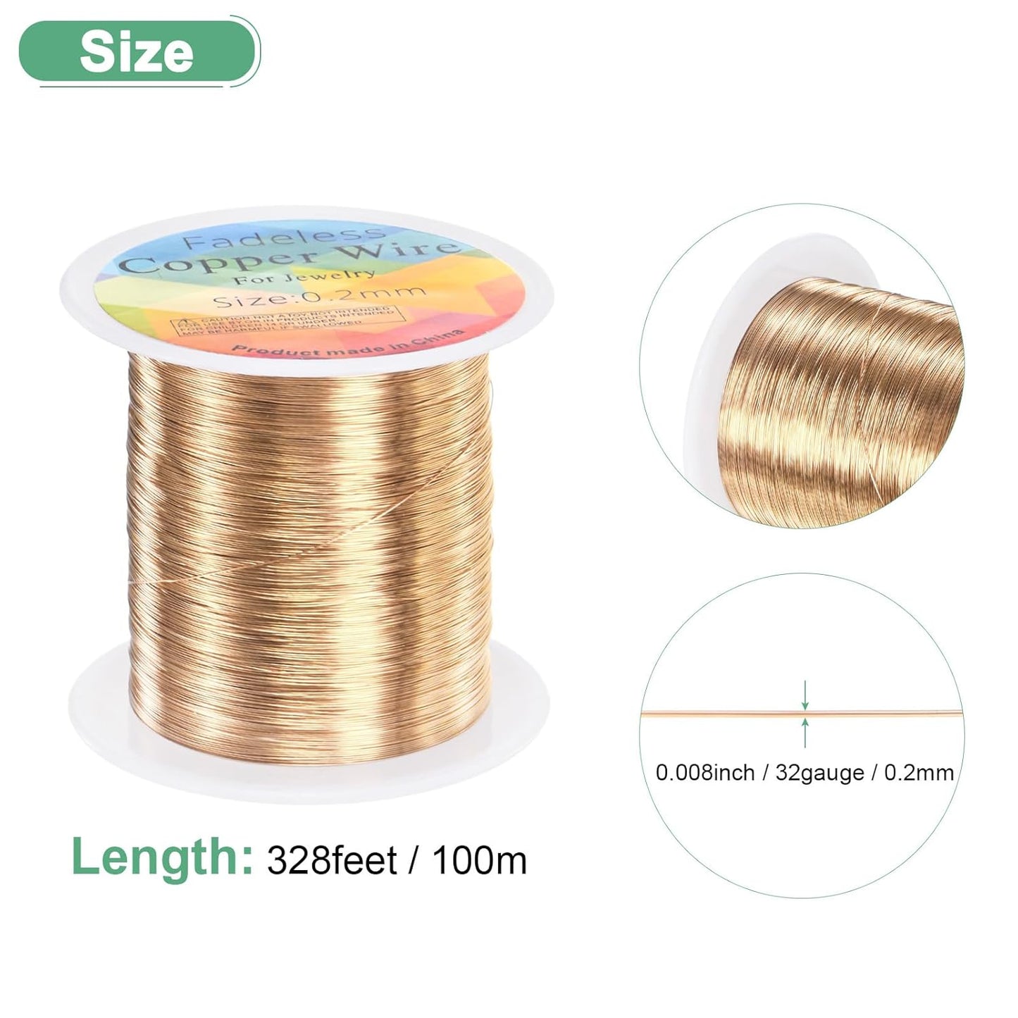 0.2mm Jewelry Wire, 32 Gauge 328FT Craft Wire Copper Beading Wire for Jewelry Making/Planting/Weaving/DIY Crafting, Soft Metal Wires [100M, Champagne Gold]