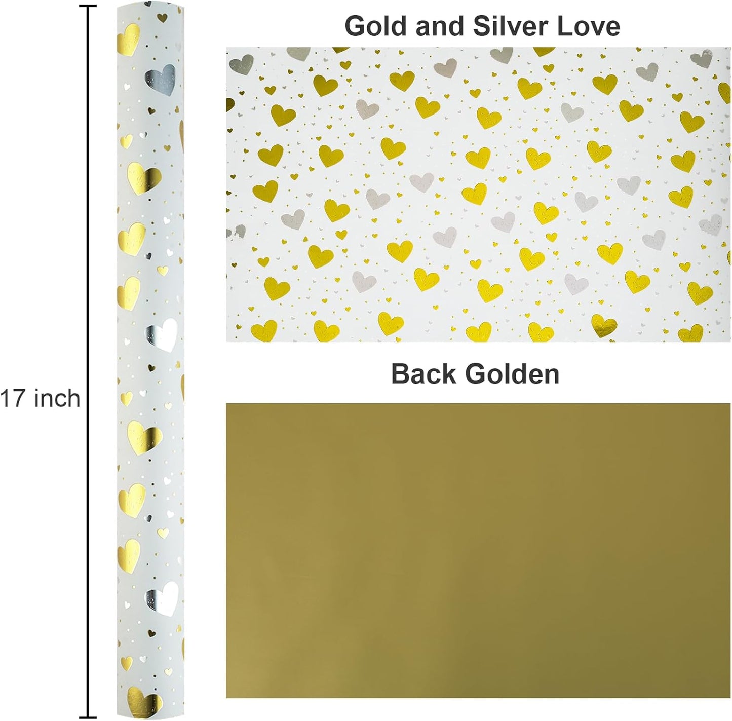 Burymento Gold Foil Heart Wrapping Paper, Reversible Gold Gift Wrap for Birthday, Valentines, Mothers day, Graduation, Wedding, Fathers day, Baby Shower, Christmas (17in x 32.8ft)