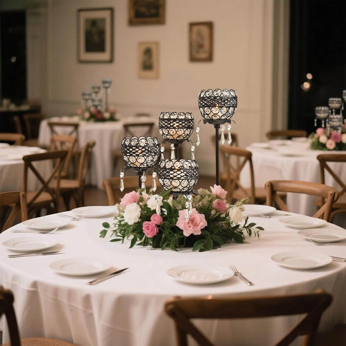 4 Arms Crystal Candelabra Tealight Holder - Tall 15.7 Inch Elegant Centerpiece with Crystal Pendant Bowls & Artistic Metal Stand for Wedding, Dining Table, Home Decor (2, Black)