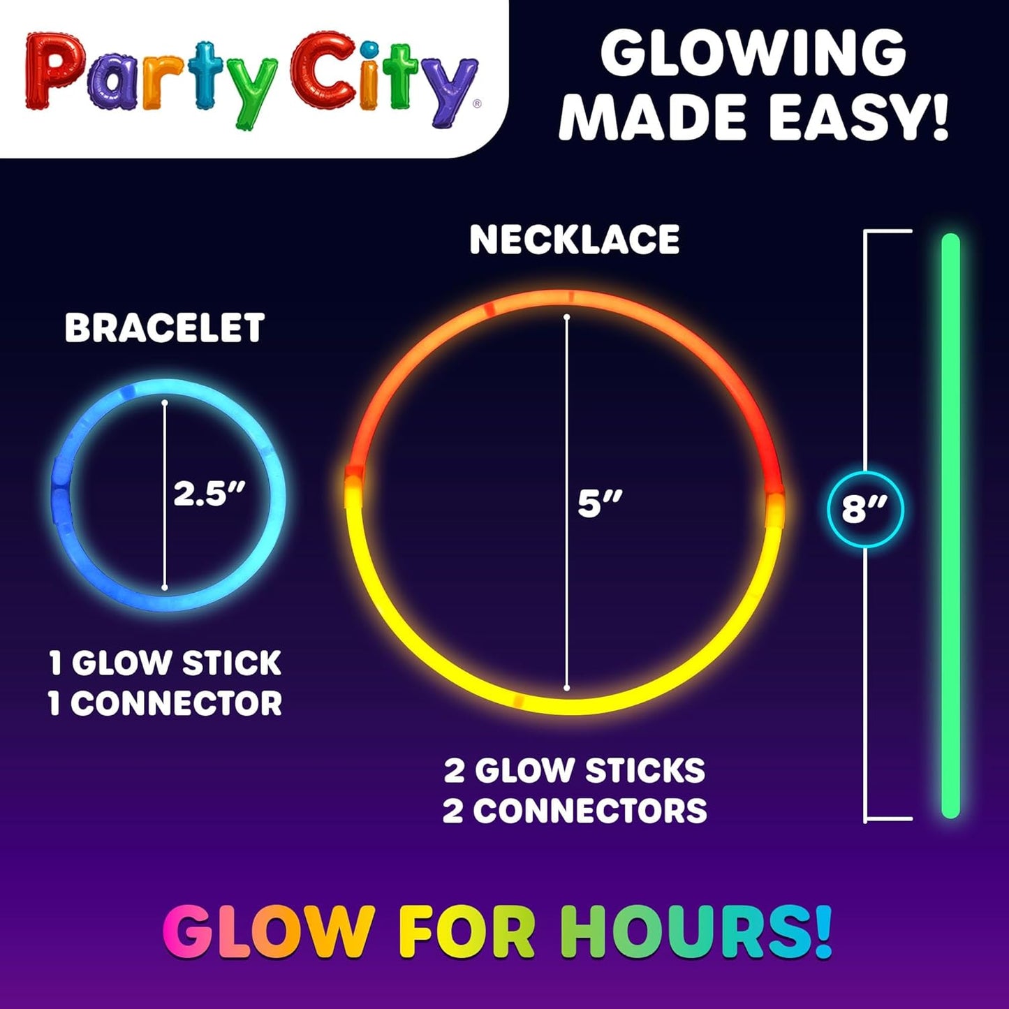 Party City 300 Glow Sticks Bulk Party Pack 8”– Neon Glow in the Dark Party Supplies, Glowsticks with Connectors Bracelets & Necklaces, Light Up Favors for Kids, Adults, Birthdays, Parties, Decorations