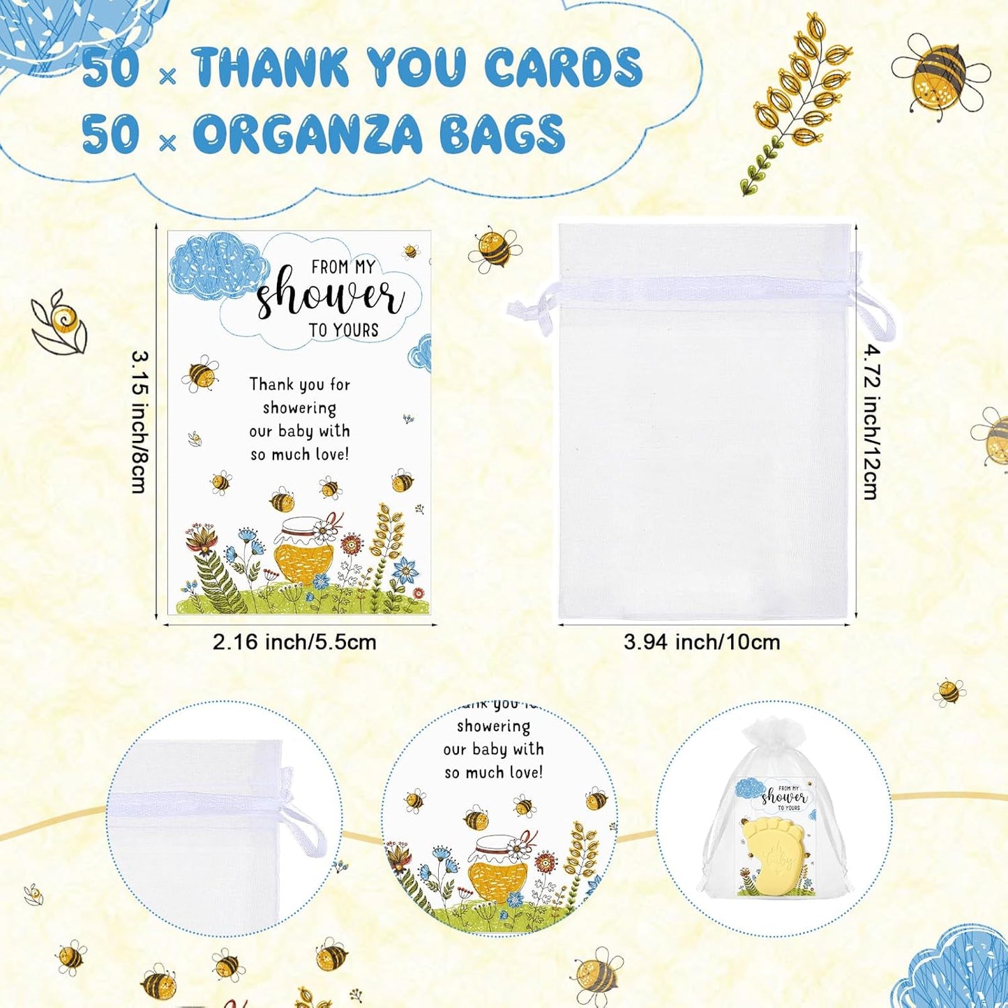 50 Sets Baby Shower Soap Favors for Guests - Mini Handmade Footprint Scented Soap with Thank You Cards and Organza Bag, Party Gifts for Gender Reveal Baptism Shower (Light Yellow)