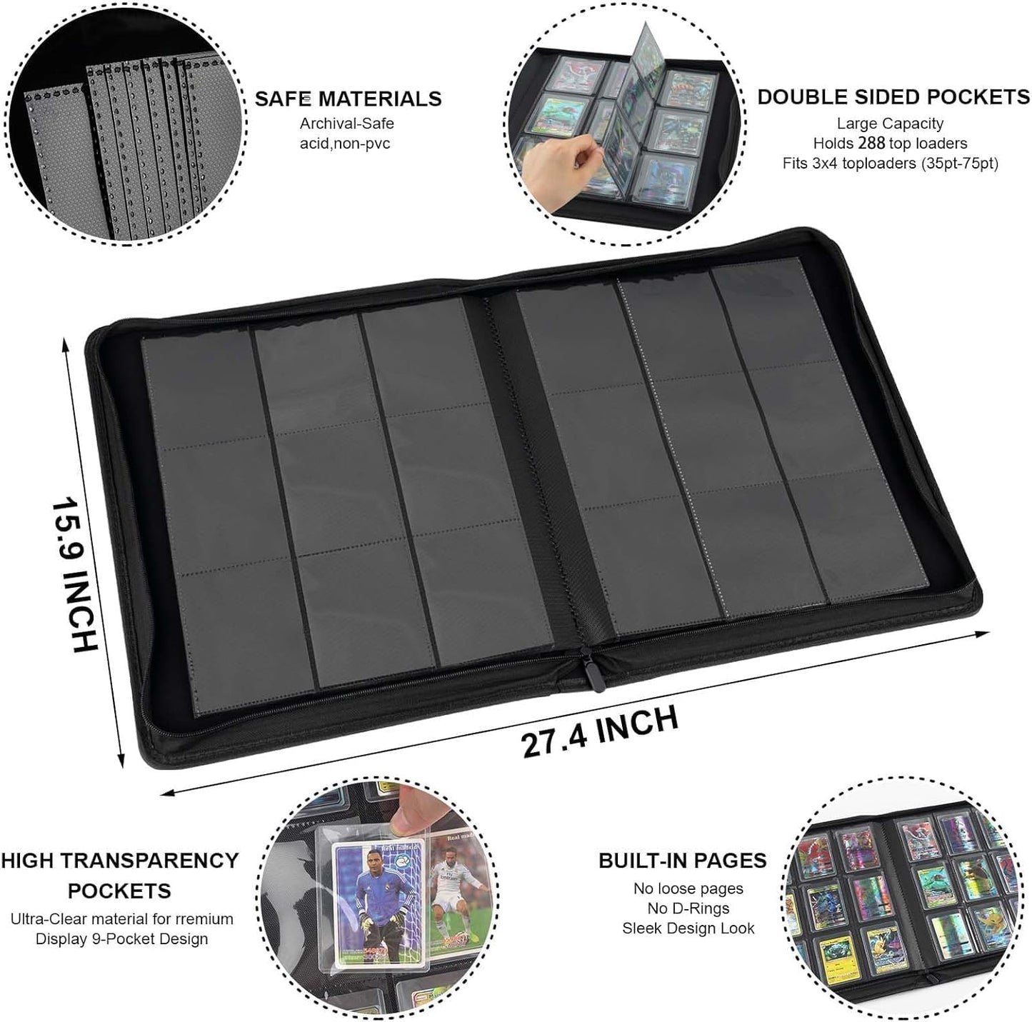 Toploader Binder with 9-Pocket Pages, Holds 288 "3×4" Rigid Toploader Hard Cases, Card Holder for Collectible Cards or Sports Cards, Durable Sleeves for Storage & Display (Dark Green)