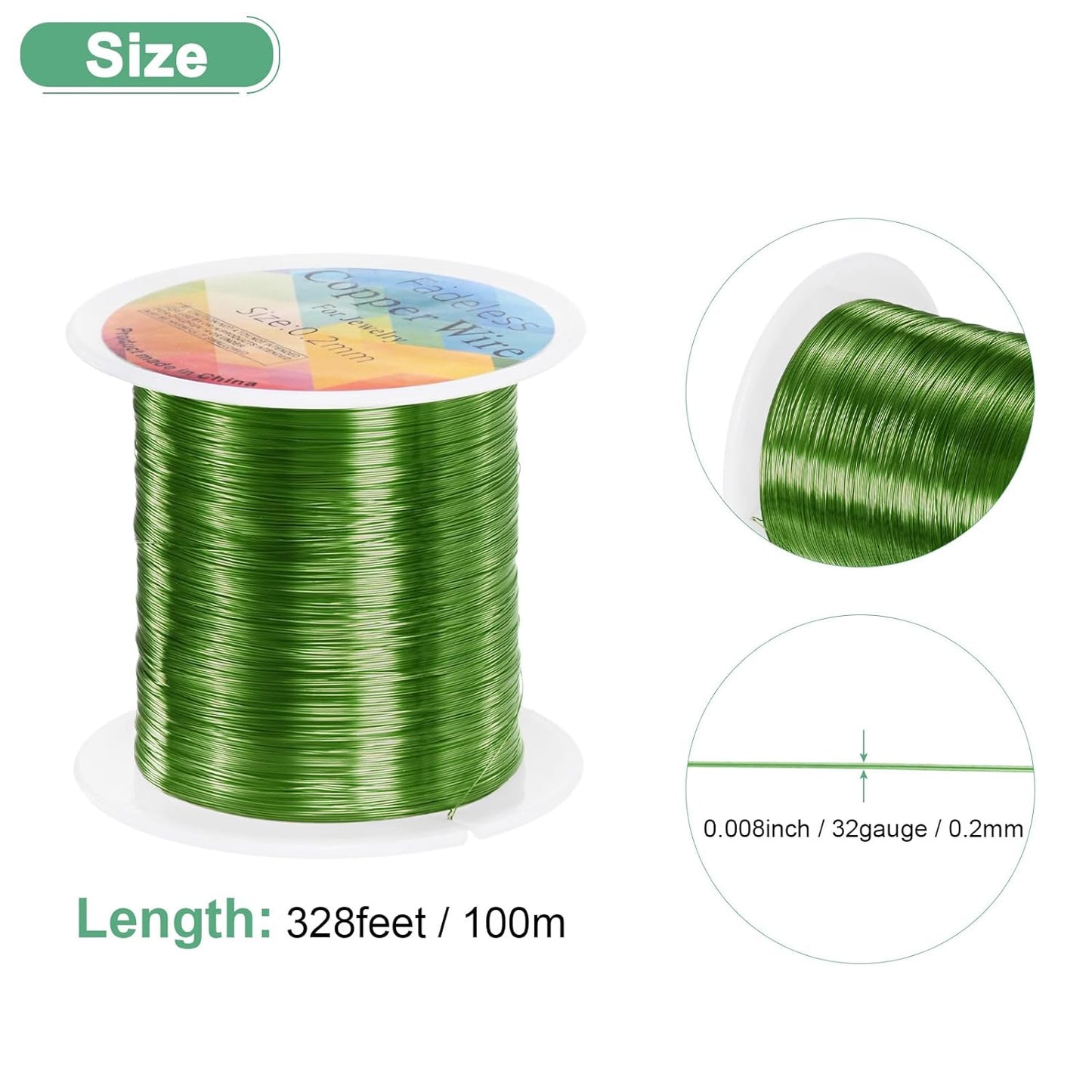 0.2mm Jewelry Wire, 32 Gauge 328FT Craft Wire Copper Beading Wire for Jewelry Making/Planting/Weaving/DIY Crafting, Soft Metal Wires [100M, Green]