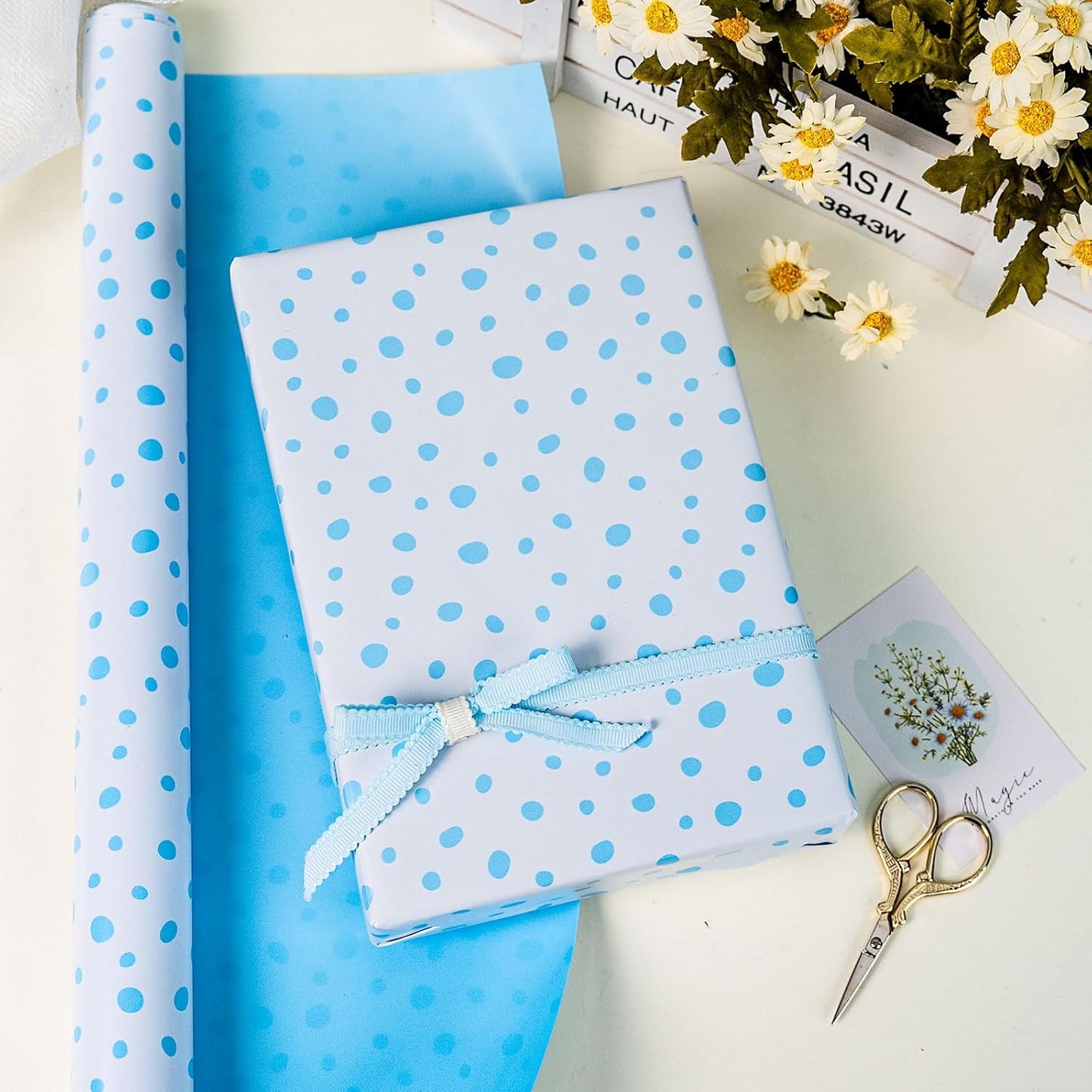 Burymento Blue Lrregular Wave Point Wrapping Paper, Reversible Gold Gift Wrap for Birthday, Valentines, Mothers day, Graduation, Wedding, Fathers day, Baby Shower, Christmas (17in x 16.4ft)