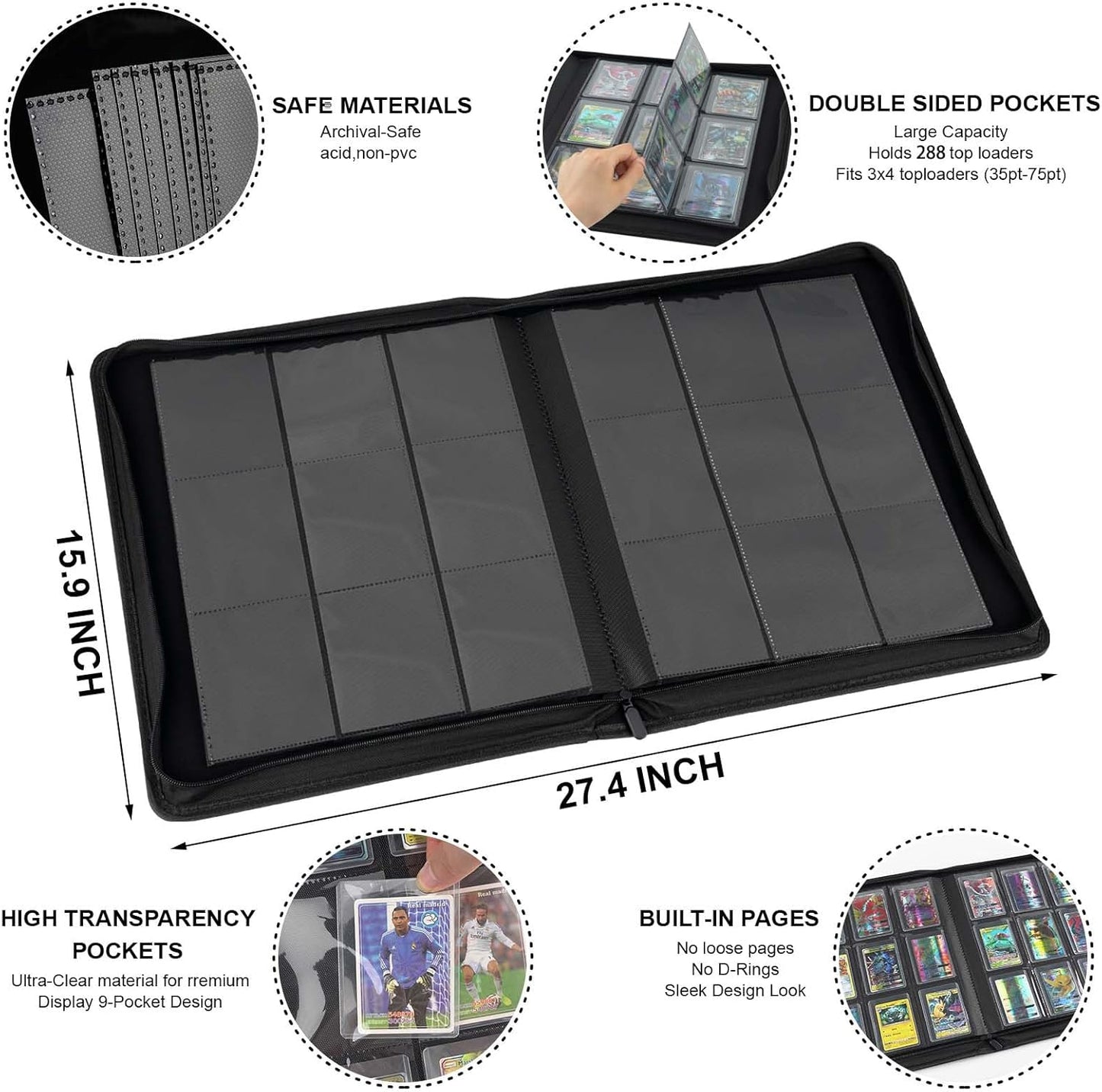Toploader Binder with 9-Pocket Pages, Holds 288 "3×4" Rigid Toploader Hard Cases, Card Holder for Collectible Cards or Sports Cards, Durable Sleeves for Storage & Display (Black)