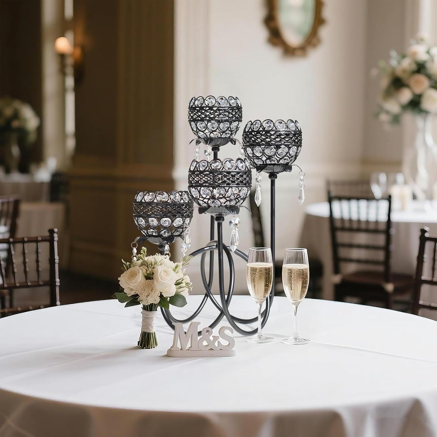 4 Arms Crystal Candelabra Tealight Holder - Tall 15.7 Inch Elegant Centerpiece with Crystal Pendant Bowls & Artistic Metal Stand for Wedding, Dining Table, Home Decor (1, Black)