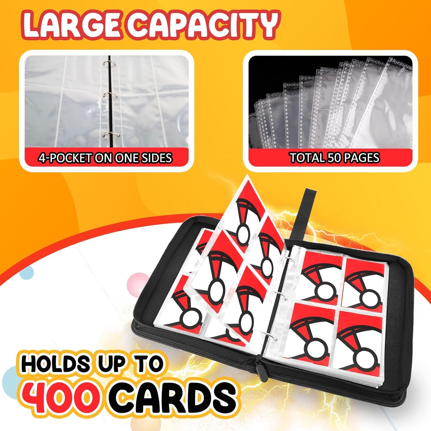 Trading Card Binder 4-Pockets, 400 Pockets Card Holder with 50 Removable Sleeves, Large Capacity & Waterproof Zipper Album Holder for Trading Card Collector, Portable Card Album Book for Game Card-Red