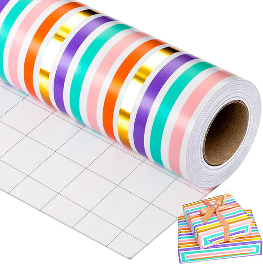 Yarcony Gift Wrapping Paper Roll, Rainbow Wrapping Paper, Colorful Stripes Gift Wrap with Gold Foil for Birthday, Baby Shower, Wedding, Christmas, All Occasions (Mini Roll, 17 Inch X 33 Feet)