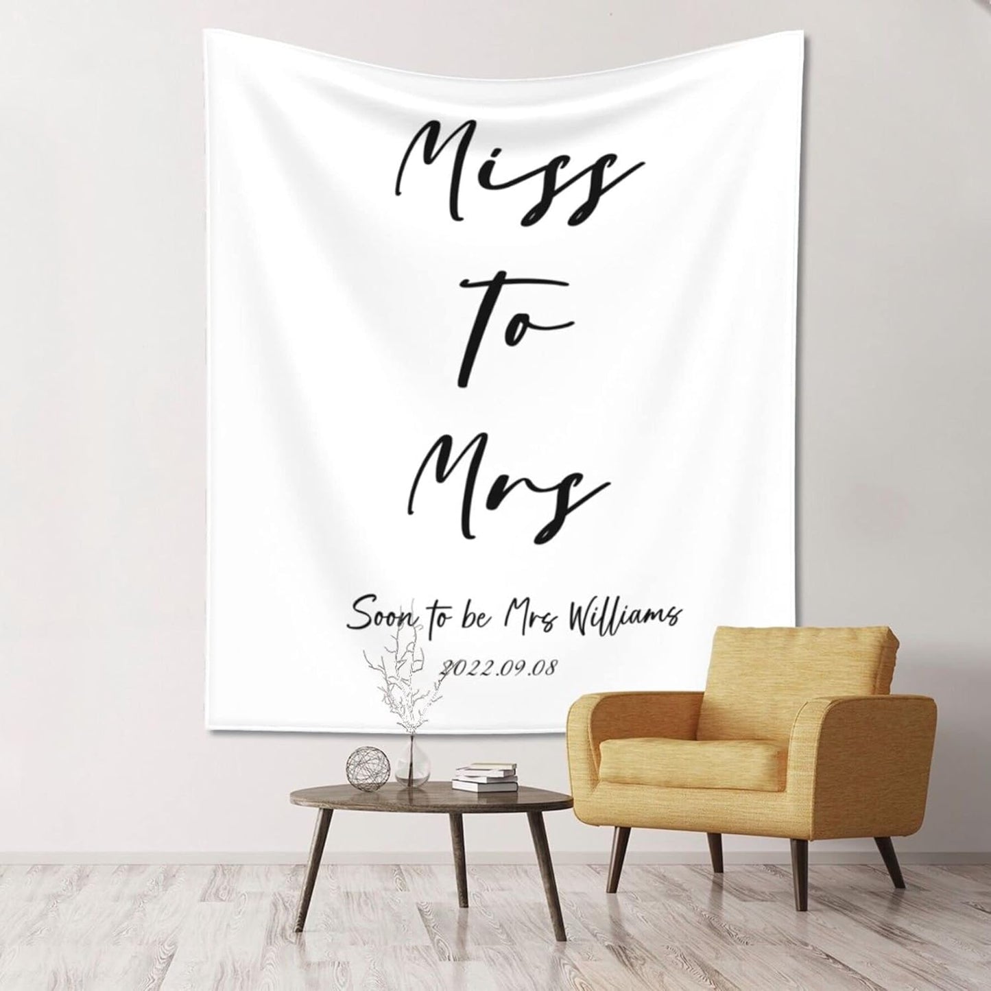 Miss to Mrs Backdrop, Custom Tapestry with Names and Date, Personalized Calligraphy Banner for Bridal Brunch, Shower, Engagement, Bachelorette Party - Reception Backdrop Future