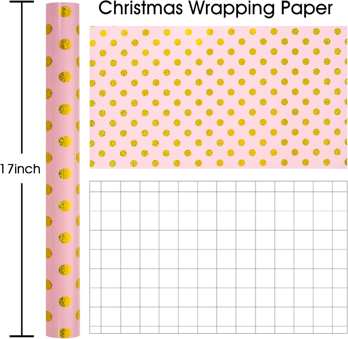 Burymento Pink Holographic Dots Wrapping Paper, Reversible Gold Gift Wrap for Birthday, Valentines, Mothers day, Graduation, Wedding, Fathers day, Baby Shower, Christmas (17in x 16.4ft)