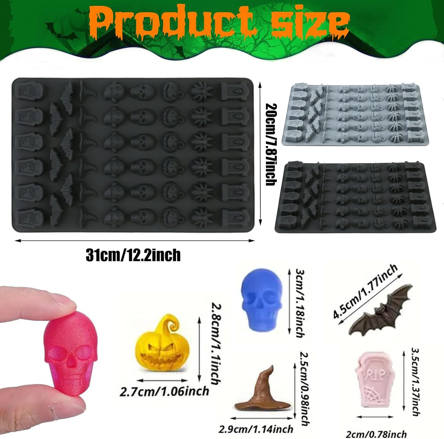 (2 Pack) Silicone Halloween Molds, 96-Cavity Pumpkin Ghost Wizard Hat Bat Spider Tombstone Skull Halloween Silicone Gummy Molds For Chocolate, Fondant, Cupcake Decoration, Biscut - Black&Gray